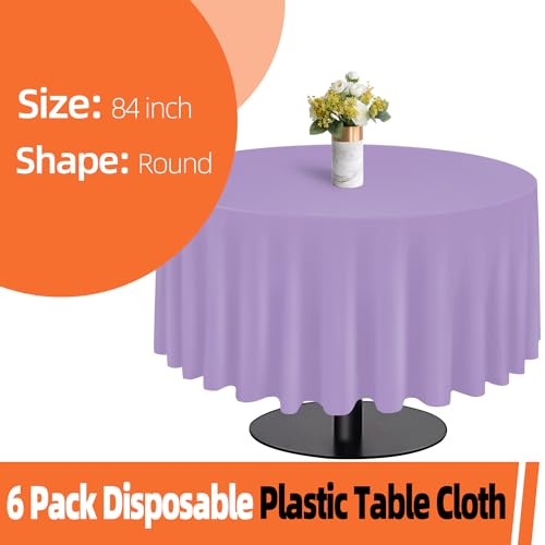 Image of tujol Lavender 6 Pack Plastic Table Cloth 84 inch, Disposable Round Tablecloth Table Cover, Plastic Tablecloths for Parties
