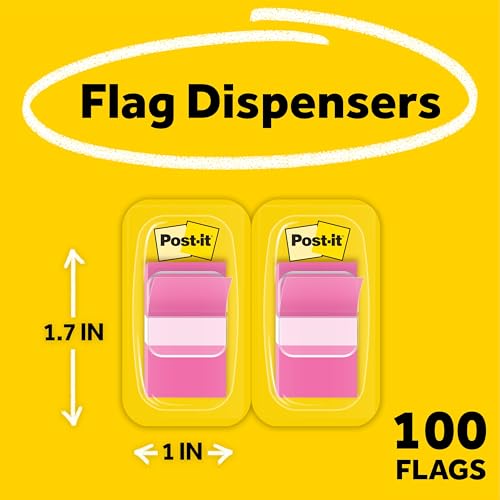 Image of Post-it Standard Page Flags in Dispenser 1in Wide, Bright Pink 100 Flags, 680-BP2