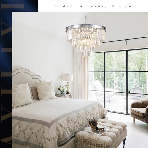 Image of Modern Chrome Crystal Chandelier 24 inch Dining Room Pendant Light Fixture