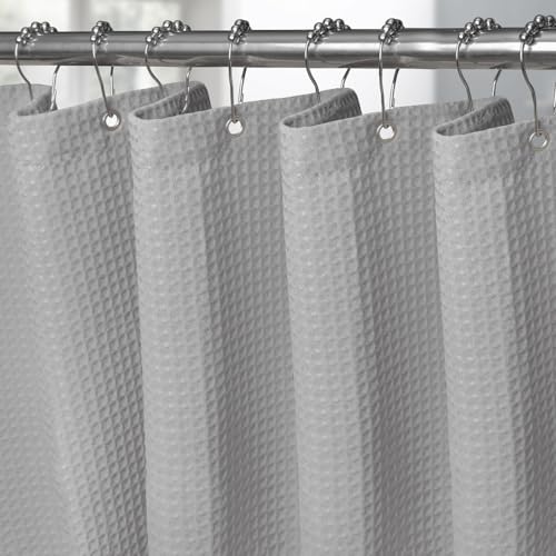 Waffle Weave Shower Curtain with Stainless Steel Hooks - 256 GSM Heavy Duty Fabric Bath Curtains, Hotel Luxury Quality, Water Resistant, Machine Washable, Weighted Hem, 72 x 84 Inches (Light Grey) by VANZAVANZU - Used condition - CA$18.15