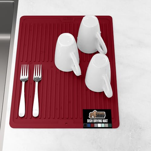 GORILLA GRIP 100% BPA-Free Patented Silicone Dish Drying Mat for Kitchen Counter, Water Catching Ribbed Design, Easy Clean Waterproof Sink Liner, Heat Resistant, Fits Under Rack, 12x16 Inch, Red by GORILLA GRIP - Used condition - US$9.60