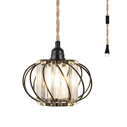 Suspension industrielle vintage en métal noir avec cage en cristal et câble de 5m