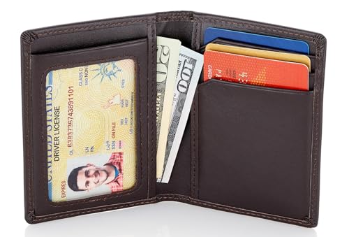 Image of Stealth Mode Men's Slim Front Pocket Wallet - RFID Blocking, Thin Minimalist Bifold Design, Genuine Leather - ID Window and 5 Sleeves for Money, Credit and Debit Cards, Driver's License (Dark Brown)