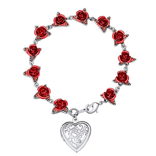 U7 Girls Charm Bracelet with Heart Locket That Hold Picture Platinum Plated Link