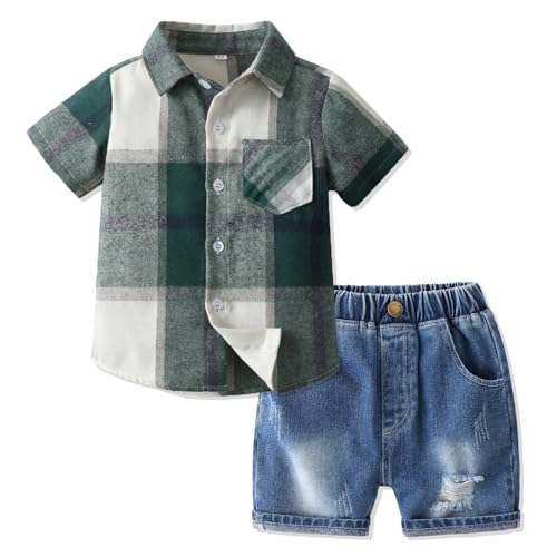 Volunboy Completi Estivi Bambino, Manica Corta Camicia Quadri + Short Jeans Blu Strappati 2 Pezzi Set(Denim Verde,4-5 anni,Taglia 120)