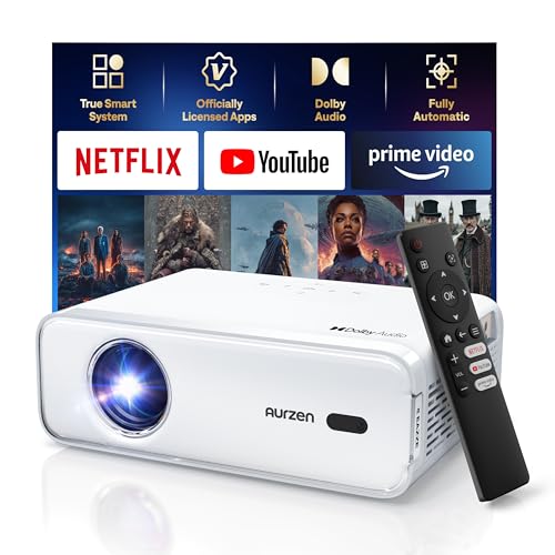 Aurzen EAZZE D1 Smart Projector with WiFi and Bluetooth, Christmas Gifts, Netflix-Officially-Licensed, Auto Focus & Keystone, DoIby Audio, Native 1080P Movie, Portable Outdoor Mini Projector, White