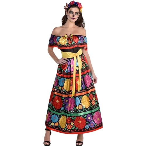 Amscan - Juego de vestido de belleza y diadema multicolor con calavera de azúcar, tamaño mediano (6-8), disfraz encantador del día de los muertos