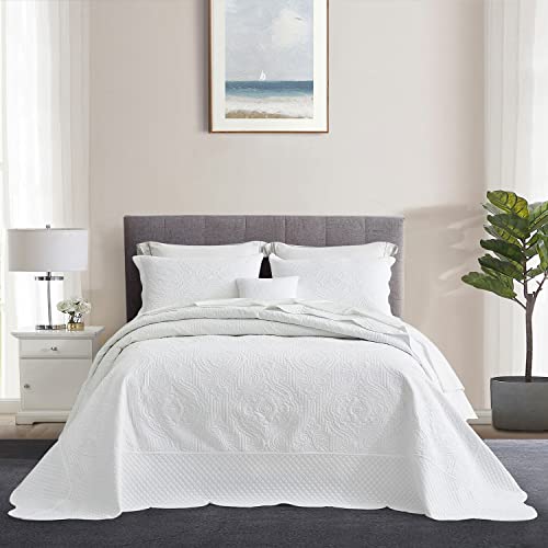 Image of HZ & HY Oversized King Bedspread, Embossed Damask Quilt Set King /Cal King, Lightweight Reversible Coverlet, Scalloped Edge - Clean Classic Look, 5 Piece, Pure White