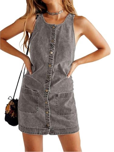 Image of Yousify Womens Casual Sleeveless Denim Overalls Dresses Button Down Summer Jean Mini Dress 2025 Trendy Romper With Pockets