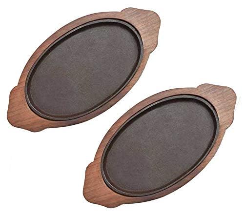 HAINE Serving Dish Sizzler Tray/Plate with Wooden Base, Brown, Pack of 2