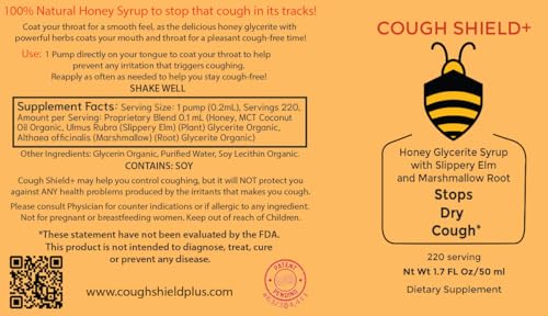 Image of Throat Coat Syrup - Honey Glycerite with Organic Slippery Elm & Marshmallow Root - One Pump Coats & Soothes Dry, Scratchy, Irritated Throats - 220 Doses, 1 Calorie Each, About 9¢ a Dose.