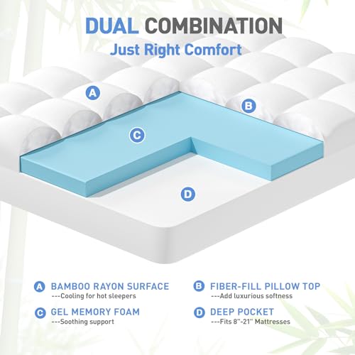 Dual Layer 3 Inch Memory Foam Mattress Topper Queen Size, 2 Inch Cooling Gel Memory Foam Plus 1 Inch Pillow Top Mattress Pad Cover, with 8-21 Inch Deep Pocket