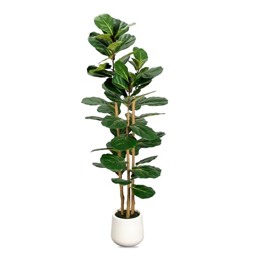 Artificial Fiddle Leaf Fig Tree in Modern White Planter, 5ft Large Fake Tree with 3 Sturdy Trunks, Fake Plants Faux Fig Tree with Moss, Lifelike Tall Artificial Plants Indoor for Office Home Decor