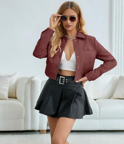 Women's Cropped Faux Leather Bomber Jacket Turn-Down Collar Flap Pocket Snap Retro Shape Coat4