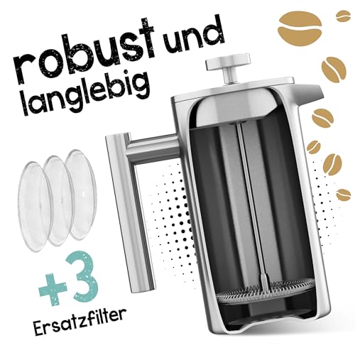 Morgenheld Premium French Press Edelstahl 1000 ml + 3 Ersatzfilter Stempelkanne isoliert Kaffeepresse 1l thermo Isolierkanne Kaffeebereiter doppelwandig Kaffeekanne 1000ml Kaffeedrücker Frenchpress 6