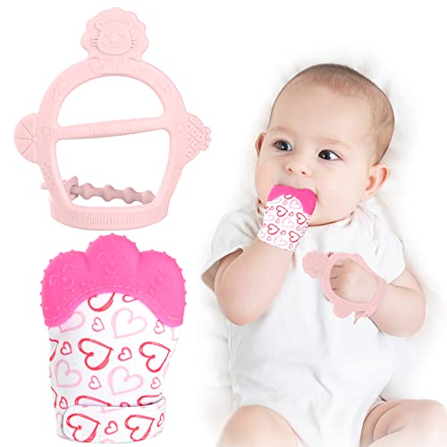 Image of Vicloon Silicone Teething Mitt, 2Pcs Teething Mitten with Adjustable Strap, Crinkle Sound and Textured, Self Soothing Baby Chew Toys for 0-6month Infant