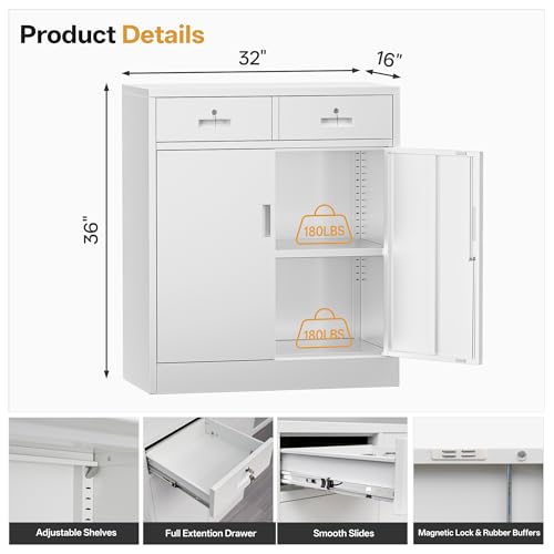 Image of Metal Storage Cabinet, 36 Inch Tall Locking Cabinet with 2 Doors and 2 Drawers, Metal Cabinets with Adjustable Shelf, Garage Cabinets for Kitchen,Garage,Warehouse, White