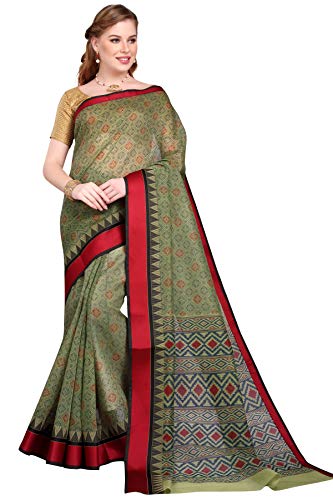 Image of RANI SAAHIBA Women's Poly Cotton Printed Saree With Blouse Piece (SKR6412 Dark Green)