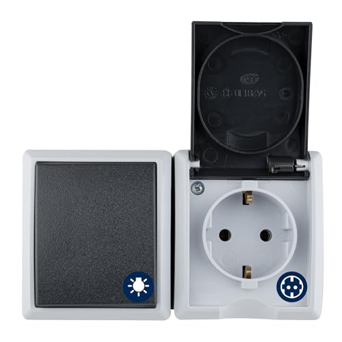REV AquaForm Lichtschalter mit Steckdose IP44 zweipolig Aufputz waagrecht grau