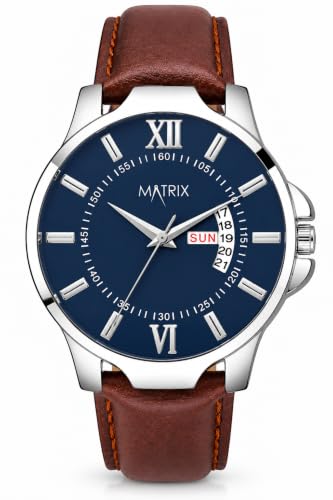 Matrix Antique Day & Date Leather Strap Analog Watch - Blue - Brown - Image 8