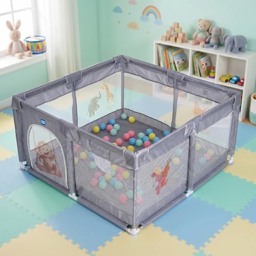 Image of Mee Mee Fun Zone Mini Portable Baby Playpen with Breathable Mesh Walls | 120x120 cm Baby Play Yard with Soft Fabric Padding, Rounded Edges & Tool-Free Assembly | Ball Pit Ready with 50 Balls (1+ Years)