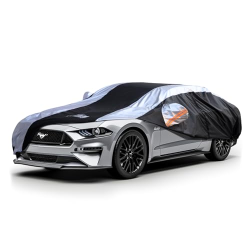 Image of Mustang Car Cover Waterproof All Weather with Silver Strip Design, Custom Fit for Ford Mustang 1994-2025, Mustang Accessory with Door Zipper & Windproof Straps