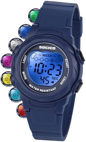SOCICO Kids Digital Watch 5ATM Waterproof & 7 Color Lights for Boys Girls