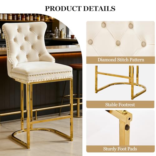 Image of UVV Counter Height Bar Stools Set of 2, 26 inch Modern Barstools with Back, Velvet Upholstery Counter Chairs with Metal Legs for Kitchen Island, Bar, Counter, Beige