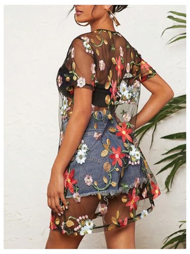 GORGLITTER Women's Sheer Mesh Floral Embroidered Tops Y2K See Through Shorts Sleeve Crew Neck Tunics Tees Shirts2