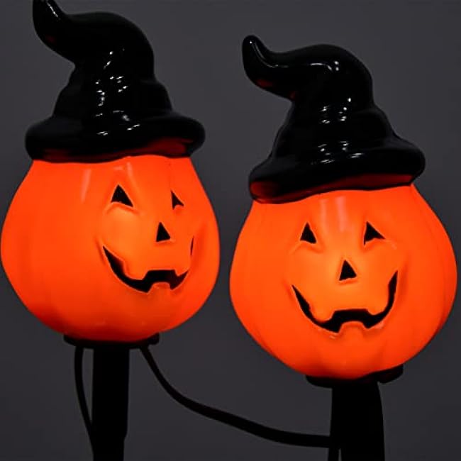 Halloween Decorations Outdoor C7 Halloween Pumpkin Pathway Stake Lights, 7Ft Jack-o-Lantern Garden Stakes with 4 C7 LED Bulbs, Pathway String Lights for Outdoor Garden Walkway Party Lighting