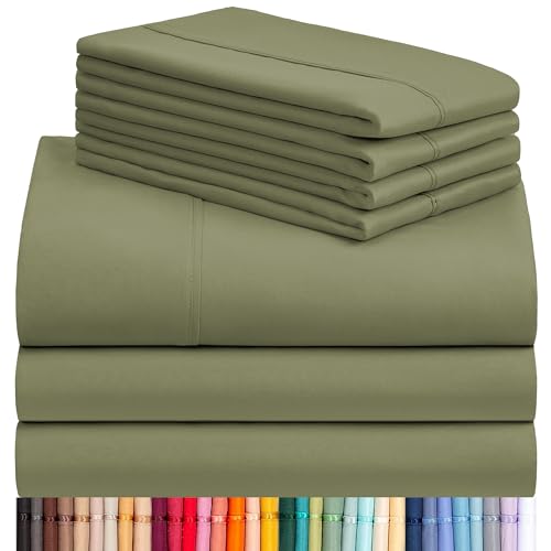 Image of LuxClub 7 PC Split King Sheet Set, Breathable Luxury Bed Sheets, Deep Pockets 18 inch Eco Friendly Wrinkle Free Cooling Sheets Machine Washable Hotel Bedding Silky Soft - Olive Split King