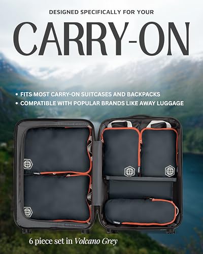 Image of Compression Packing Cubes Set for Carryon Suitcases- Lightweight, Durable Clothes Organizer, Volcano (Grey and Orange) Carry On Set, 6 Piece