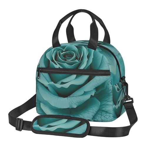 ターコイズローズプリント付き断熱ランチバッグ 男女兼用 再利用可能な保温クーラーランチトートバッグ 仕事 ピクニック 旅行 ビーチ 釣り