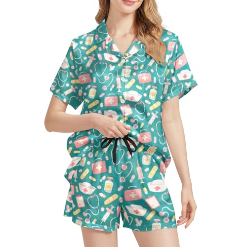 Image of Funny Pajamas for Women Set Print Satin Loungewear Pjs Short Sleeve Button Down Top and Shorts Sets Sleepwear XS-3XL