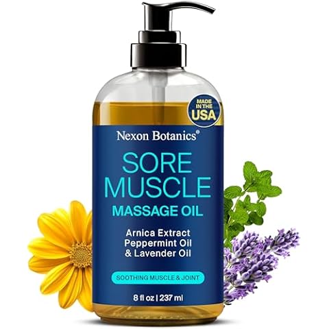 Sore Muscle Massage Oil 8 fl oz - Arnica Massage Oil for Massage Therapy - Peppermint, Lavender Oil for Body, Pain Relief, Muscle Relaxing - Nexon Botanics Cover