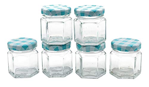 Image of Cute Hexagonal 50 grams Airtight Glass Jar Containers for Honey, Spices & other Kitchen Items with Rust Proof Turquoise Color Caps -Set of 06