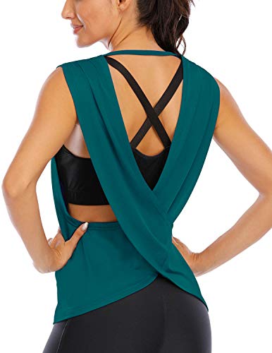 Fihapyli Women's Sleeveless Open Back Shirt Flowy Yoga Top Loose Women Running Tops Backless Active Top Sports Workout Tanks Workout Tops for Women Open Back Workout Top Exercise Tank Tops Teal S