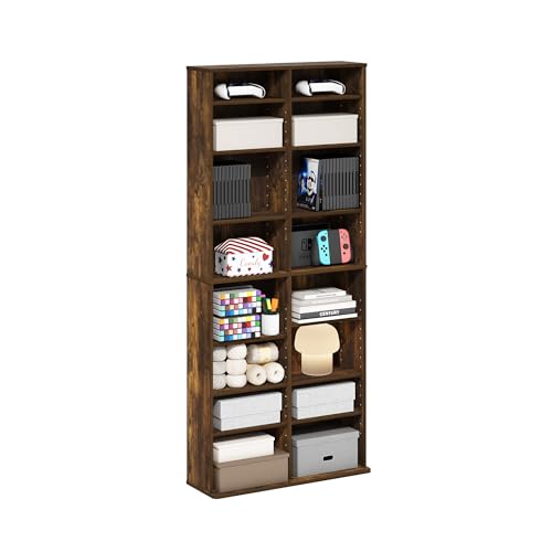 Furinno Jaya 16-Shelf Multimedia Media Storage Tower Rack with Adjustable Shelves, Amber Pine