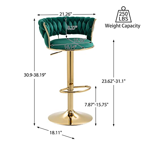 Kivenjaja Velvet Woven Bar Stools Set Of 2, Modern Height Adjustable Swivel Barstools Counter Chairs With Back & Golden Metal Base For Pub, Kitchen, Cafe (Emerald Green) #TOP2