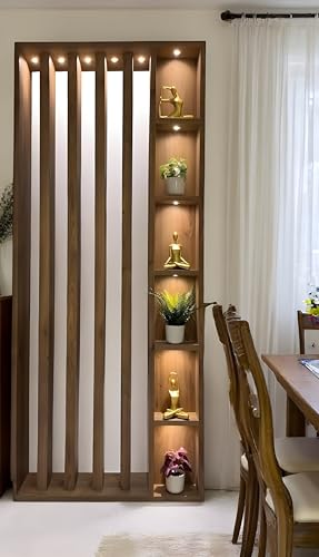Image of Australian Handicrafts 72x36 Inch Sagwan Wood Partition Modern Room Divider with Vertical Slats & Display Shelves Living Room and Dining Room Separator Home Decor Partition Rack (No Lights)