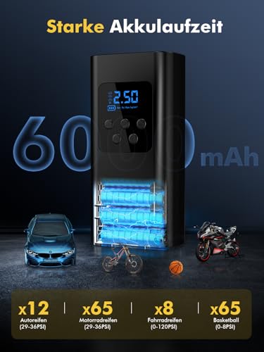 Singphere Elektrische Luftpumpe Akku – Leistungsstarker 45L/min Akku Kompressor für Auto, Fahrrad & Motorrad, Fahrradpumpe Elektrisch mit LED Licht, 6000mAh, 4 Modi für Reifen, Bälle & mehr