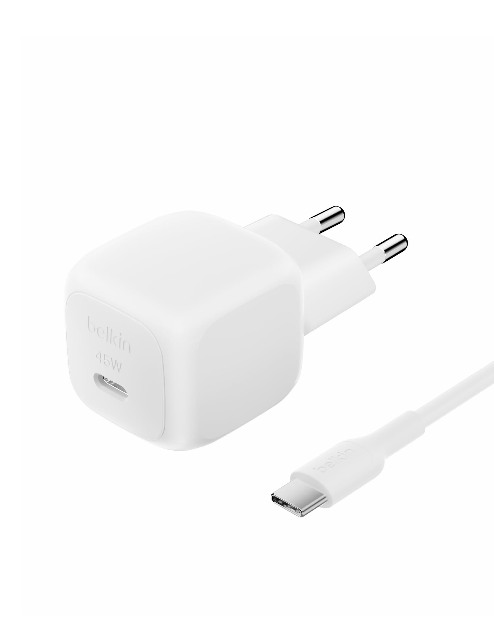 Belkin Kompakt Duvar Şarj Cihazı 45 W + USB-C - USB-C Kablosu, Apple iPhone 17, 16, 15, 14, Plus, Pro, Pro Max, Samsung Galaxy S25 Serisi, S24, Pixel 9, iPad, AirPods ve Fazlası için Hızlı Şarj, Beyaz