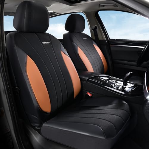 Image of Coverado Seat Covers for Car, Automotive Car Seat Covers 5 Seats, Mesh Breathable Leather Seat Protectors, Brown Seat Covers Universal Fit for SUV, Truck, Vans, Sedan