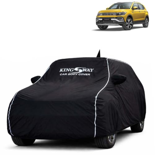 Image of KINGSWAY Super Waterproof Car Cover Only with Taigun (Year 2021 to 2026 - All Model) | Mirror and Antenna Pockets | All Weather Car Body Cover with Silver Piping | Black