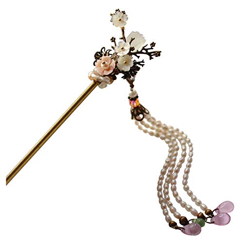 Chinese Hair Sticks for Women Long Hair Buns, Vintage Bronze Flower Hair Chopsticks Pins with Removable Pearl Tassels
