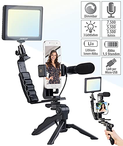 Somikon Vlog Set: 4-teiliges Vlogging-Set mit LED-Leuchte, Mikrofon, Stativ & Halterung (Mikrofon für Smartphone) – Bild 3