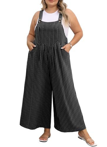 OLRIK Plus Size Rompers For Curvy Women Casual Wide Leg Jumpsuit Adjustable Overalls Black Stripe-3X