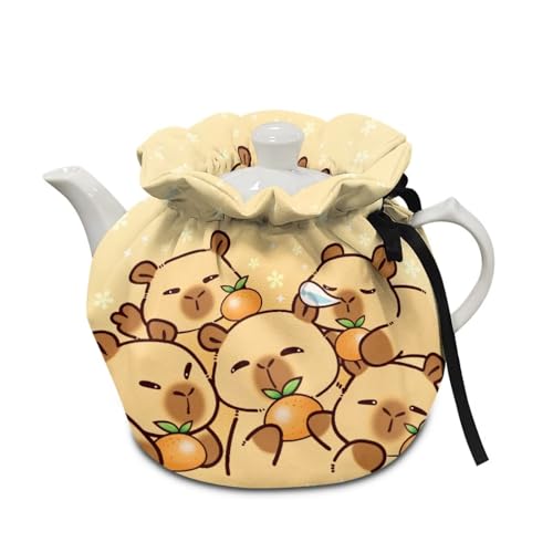 Image of Capybara Orange Print Tea Cozy for Teapot Dust Proof Insulated Teapot Cover Keep Tea Warm Home Kitchen Table Decorative Accessories Tea Pot Cozy Cover with Drawstring Breakfast Warmer