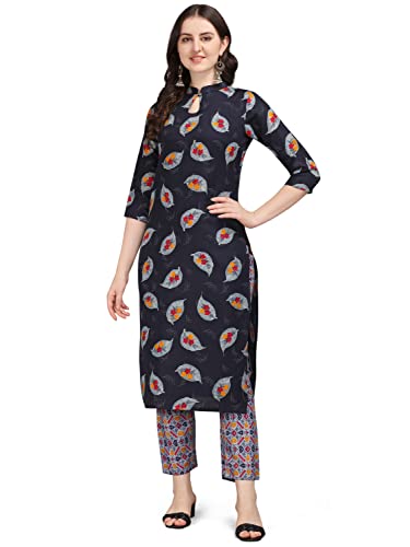 Image of NAINVISH Women's Cotton Blend Straight Keyhole Neck Printed Kurta with Pant