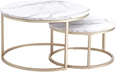 2 in 1 Marble Texture Coffee Table for Living Room Round Combination Home Furniture Metal Bracket Grey and